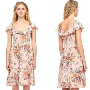 Rebecca Taylor "Marlena" Blush Pink Floral Silk Ruffle Dress Off the Shoulder
